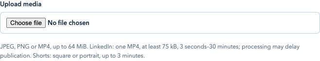 Upload media file chooser and MP4 size and duration guidance in the YarraPost editor.